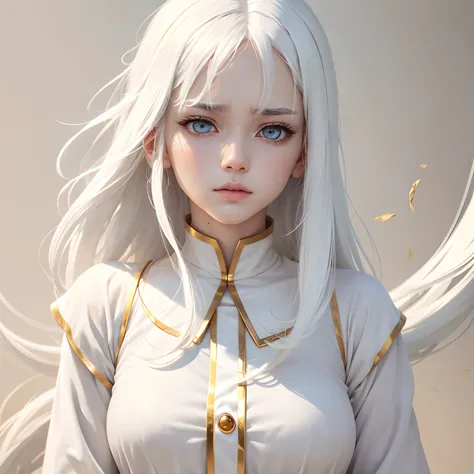 best quality, white hair, gold eyes, white clothes, looking up, upper body, hair strand, Fair skin, Troubled face