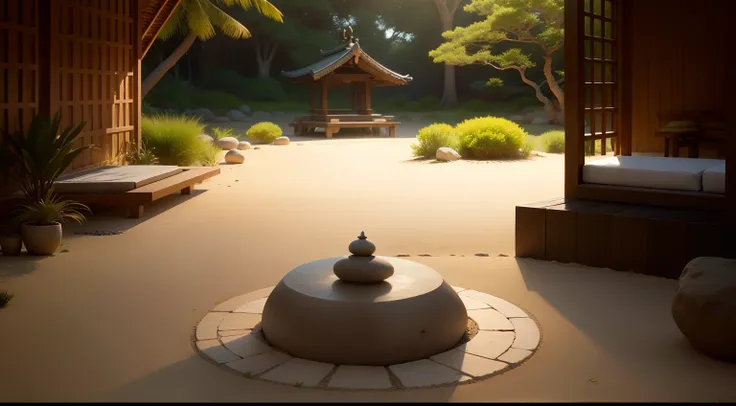 Crie uma imagem de um jardim zen meticulosamente arranjado, com areia e pedras equilibradas, symbolizing a space for contemplation and prayer."