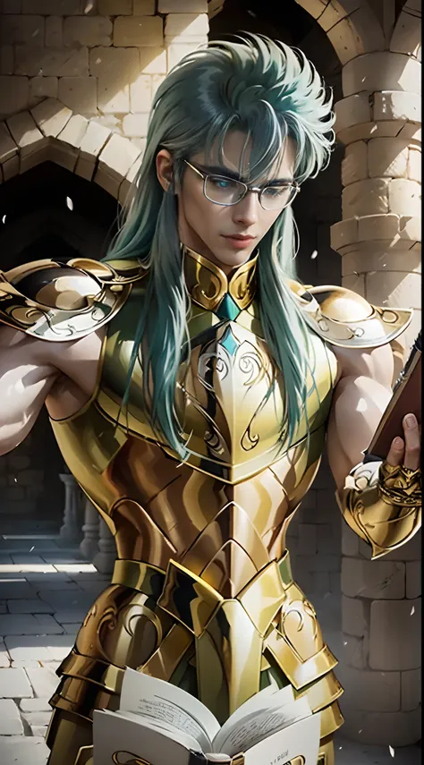 A man, male details, Degel Aquarius from Saint Seiya, masterpiece, best quality, highly detailed RAW color photo, sharp focus, 8k high definition, (reading glasses:1.5), (holding a book:1.2), long hair, turtle neck, male wearing gold armor, light turquoise...