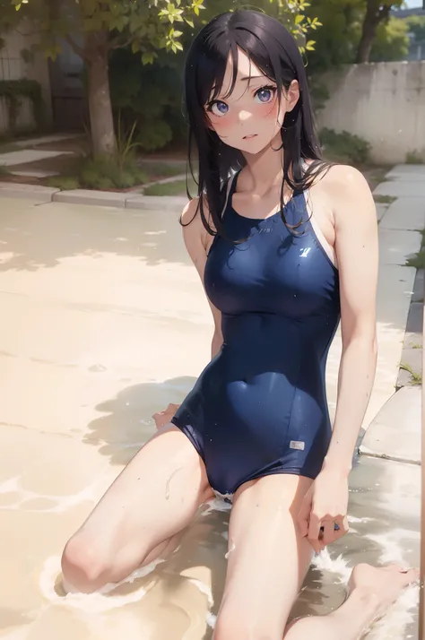 ((top-quality))、((​masterpiece))、1girl in、Formal-up、beautiful detailed eyes and face、pretty skin、Realistic、a very cute、22year old、School swim wear(Dark blue color、Simple design、Matte texture、Wrinkle、Wet、Polyester material、shadings、)Wet body、Anime Face、Beau...