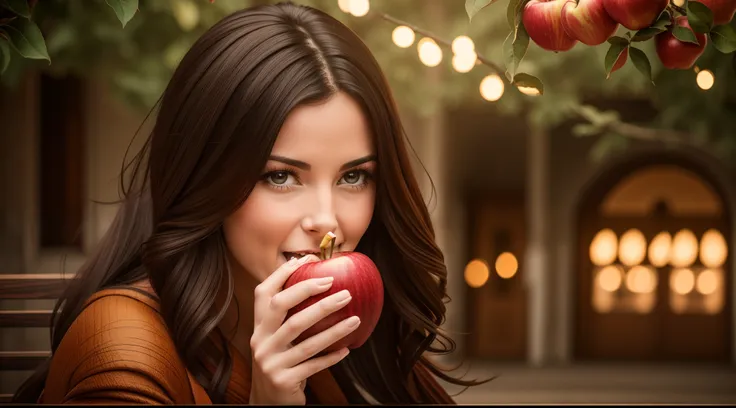 Woman eating an apple, dark-haired woman, Woman grimacing at sour apple, wearing brown robe robe, 8k.