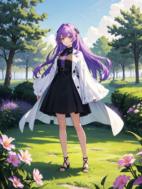 one-girl，Purple colored hair，White eyes，standing in grassy field，Standing drawings of characters，starrysky，Beautiful and spectacular，adolable，dream magical，Wallpapers，8k，Best quality at best