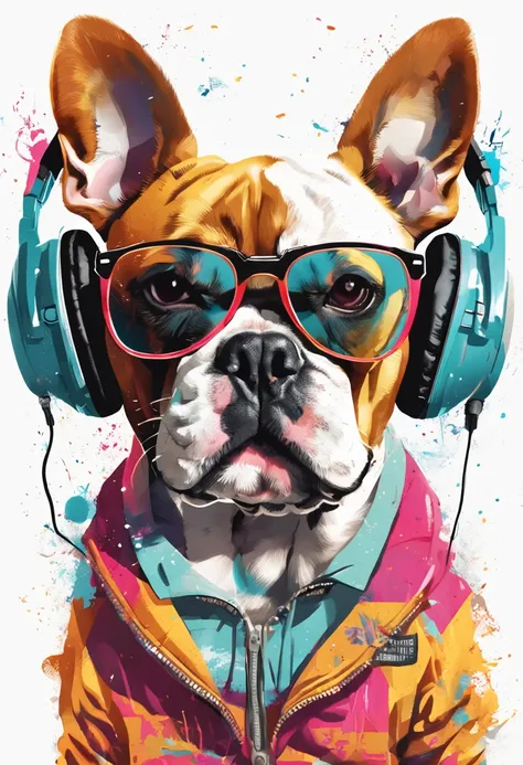 Perfect centering, A cute little french bull dog, Wear a student team jacket, Wearing sunglasses, Wearing headphones, cheerfulness, Standing position, Abstract beauty, Centered, Looking at the camera, Facing the camera, nearing perfection, Dynamic, Highly ...