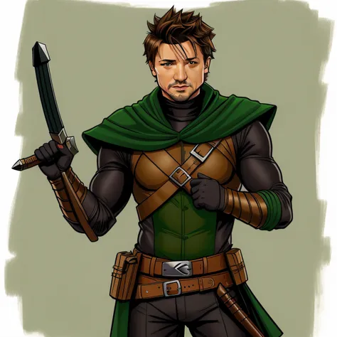 caricatura de um homem, vestindo traje de Arqueiro Verde, Jeremy Renner