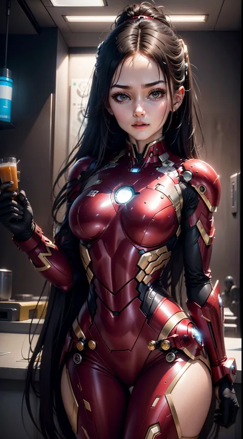 8k, realista, atraente, altamente detalhada, uma garota de 20 anos, uma mulher sexy(seios grandes-enormes) e atraente inspirada no Homem de Ferro usando um mecanismo brilhante do Homem de Ferro. She dresses with sensuality and confidence, perfectly interpr...