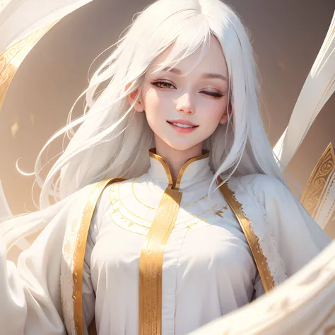 best quality, white hair, gold eyes, white clothes, looking up, upper body, hair strand, Fair skin, smiling, One eye is closed