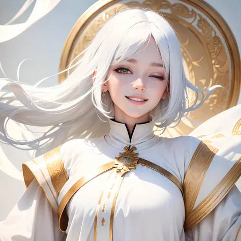 best quality, white hair, gold eyes, white clothes, looking up, upper body, hair strand, Fair skin, smiling, One eye is closed