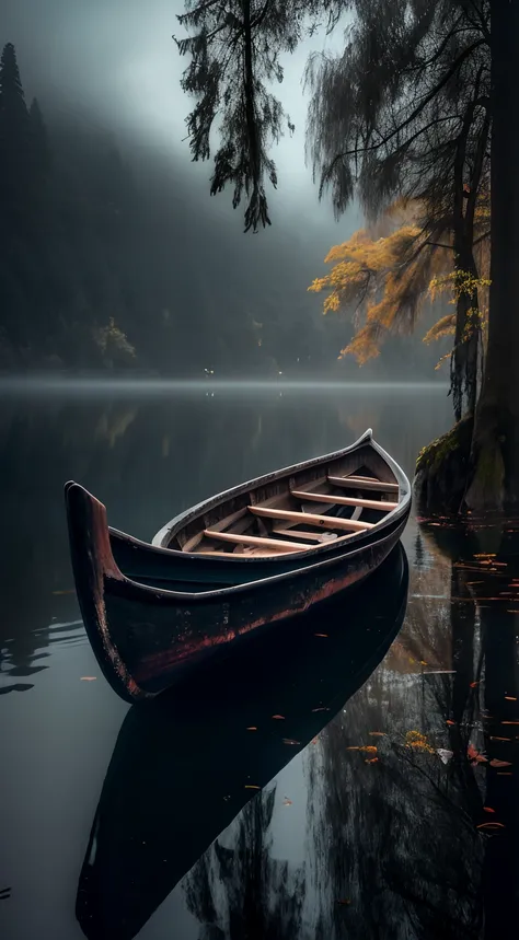 There is a canoe in the water in the middle of the forest. Lago tranquilo de outono, Bela e misteriosa, canoa, tranquilidade, barco de madeira, calm and mysterious vibes, atmosfera tranquila e serena, perfect compositio.