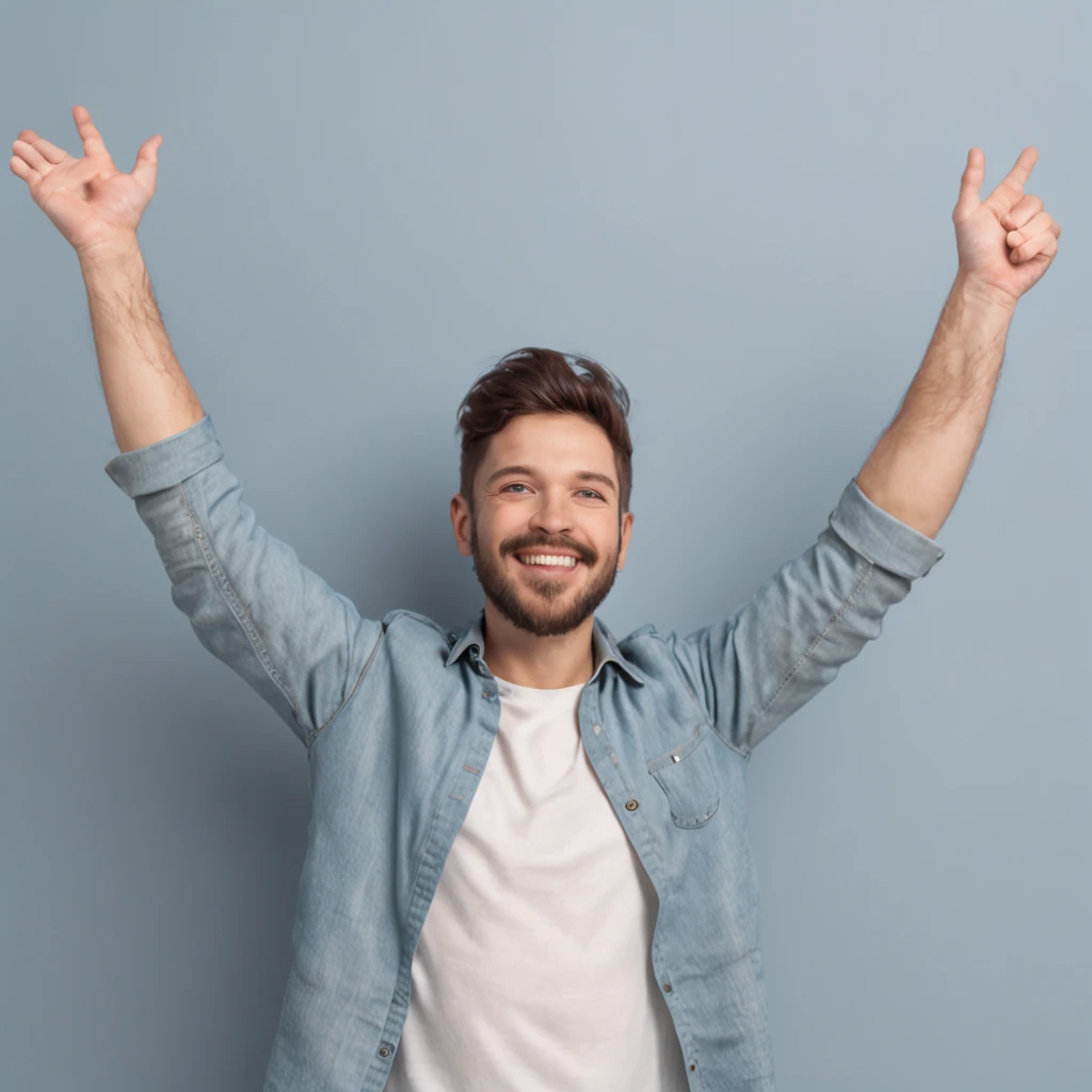 (Professional 3D rendering:1.3) de (Realistic:1.3) Foto de arte mais bonita do mundo，A person with ADHD smiling and raising their arms in celebration. The person is wearing a casual outfit, com jeans e uma camiseta. A pessoa tem cabelo curto e preto. The b...