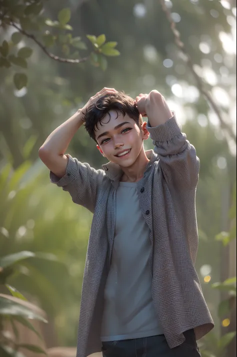 Close-up of faces，1 boy, slim body, happy laugh，Delicate face，Smooth skin，Elaborate Eyes， ( bokeh, Out of Focus, Soft Lighting, movie lighting, God Ray, UHD