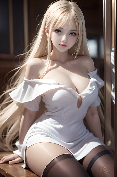 bright expression、Young shiny shiny white shiny skin、Best Looks、Blonde reflected light、Platinum blonde hair with dazzling highlights、shiny light hair,、Super long silky straight hair、Beautiful bangs that shine、Glowing crystal clear attractive big blue eyes、...