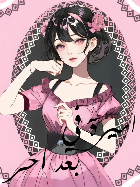 Cartoon image of a woman wearing a pink dress with a pink flower in her hair, anime moe artstyle, In an anime style, yandere, gapmoe yandere, Anime-style character, In an anime style, yandere intricate, Anime Artslope, high quality anime artstyle, Shawl fr...