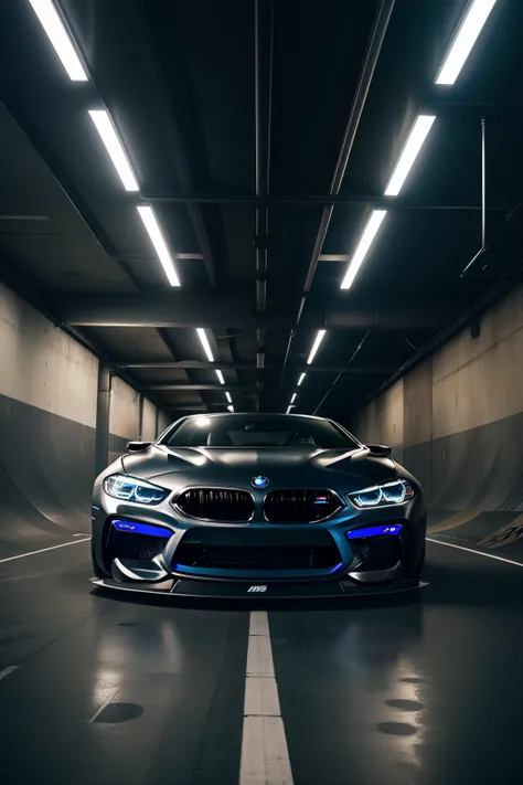 Underground skatepark with parking BMW m8 futuristic Tuning parts with black color