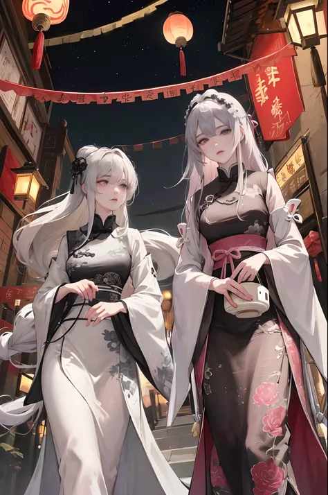 Masterpiece, Best quality, Night, full moon, 1 girl, Mature woman, Chinese style, Ancient China, Sisters, Royal Sisters, Grim expression,, Silver white long haired woman, Light pink lips, calm, Intellectual, tribelt, Gray pupils, assassins, Flower lanterns...