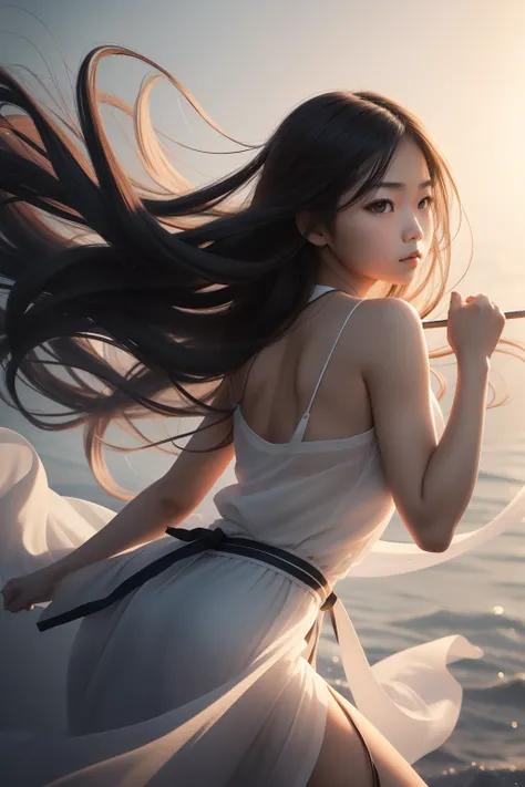 Beautiful, Pencil drawing, asian young woman, extremely long messy hair, fighting stance, looking at viewer, floating hair, Back light, Spectral Color, Cute, Expressionism