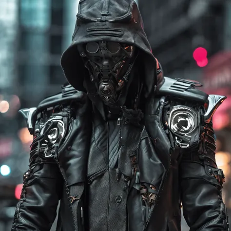 best quality, master part, ultrahigh-resolution, (fotografia realista:1.4), Surrealismo, A closeup of a man in a black hat and trench coat, fashionable cyberpunk mechanoid, intrincada armadura cyberpunk, hard surface character pinterest, terno cyberpunk, T...