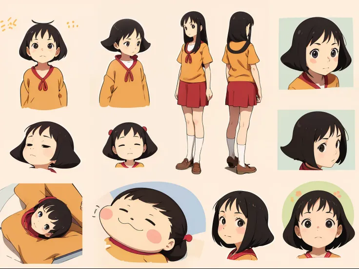 cute girl, character seet, Multiple pose and expressions, different angles, organizing, standing posture, ghibli style, childrens book, meny character,