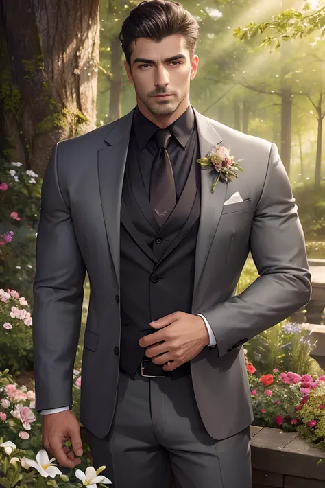 master-piece, bestquality, (handsome, highres, ultra-detail), 1male, mature adult, Very handsome, Men with high muscles, Wide shoulders, Finely detailed eyes and detailed face, Dark gray hair, green eyes, handsome, Suit, fantasy, Long sleeve shirt, , fores...