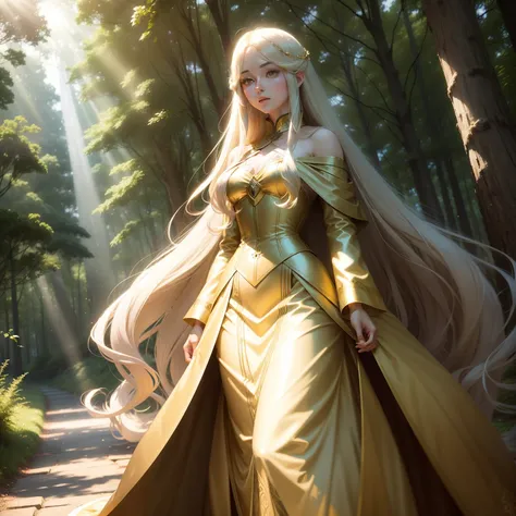 （Beautuful Women），long whitr hair，Shining with golden light，（long  skirt），A long flowing dress，Good figure in the forest，On green meadows，（（the trees）），（Winding creek），Sunlight shines through the gaps in the leaves，（style of anime）