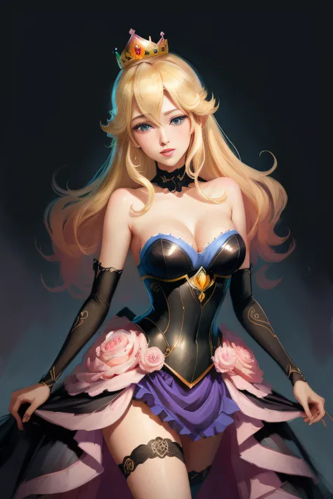 princess peach, blue eyes, sexy pink and black dress, thin, classy, black background, slick, cleavage, crown, laced bra, blonde, alluring, seductive, (2d cute anime:1.3), Vixip, pastel background, design by Yusuke Kozaki, oil by Gregory Manchess; stunningl...