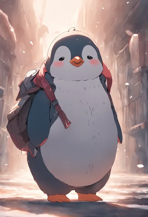 photoRealstic、Drawing of a cute ((chubby cute penguin 🐧)) going for adventure, cute look, a ((small bag pack)) in the back of penguin, hd ,soft contrast, ((fluffy penguin 🐧)), adorable