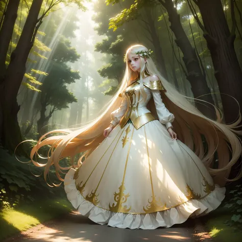 （Beautuful Women），long whitr hair，Shining with golden light，（long  skirt），A long flowing dress，Good figure in the forest，On green meadows，（（the trees）），（Winding creek），Sunlight shines through the gaps in the leaves，（style of anime）