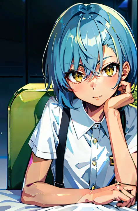 femele，Misaka Mikoto，Raised sexy，Wear suspenders，blue short hair，Yellow people，dark-skin，Gentle eyes，Headrest position