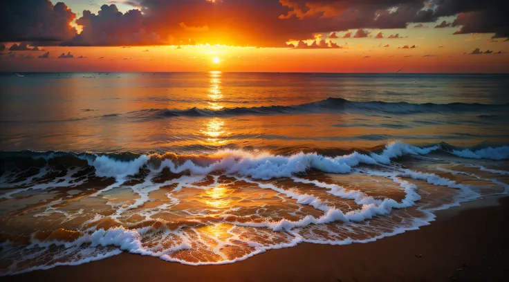 An absolutely mesmerizing sunset over the beach, with a blend of oranges, pinks, and yellows filling the sky. Crystal-clear waters of the sea gently kissing the shore, with sandy white beach stretching far and wide. The scene is dynamic and breathtaking, w...