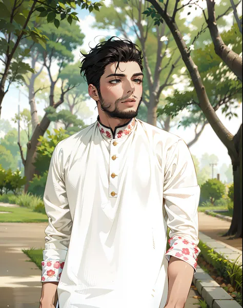 (masterpiece),(best quality:1.0), (ultra highres:1.0), detailed illustration, 8k,1boy, anime boy, wearing panjabi, white pants, intricate details, detailed face, black eyes, detailed eyes, detailed hair, highlights in hair, highly detailed, anime style, vi...