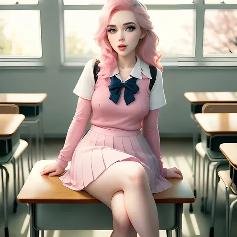 Pink hair woman in pink school girl unifrom sitting in desk in classroom, amouranth, belle delphine, angelawhite, young beautiful amouranth, better known as amouranth, smooth pink skin, glamourous cosplay, blonde goddess, lacey, anna nikonova aka newmilky,...