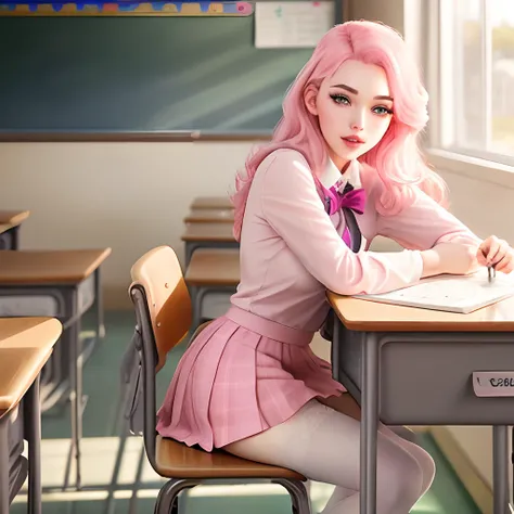 Pink hair woman in pink school girl unifrom sitting in desk in classroom, amouranth, belle delphine, angelawhite, young beautiful amouranth, better known as amouranth, smooth pink skin, glamourous cosplay, blonde goddess, lacey, anna nikonova aka newmilky,...