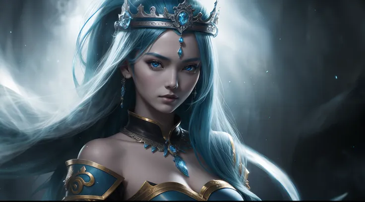 a close up of a woman with blue hair and a sword, concept art inspired by lü ji, trending on cg society, fantasy art, game cg, a...