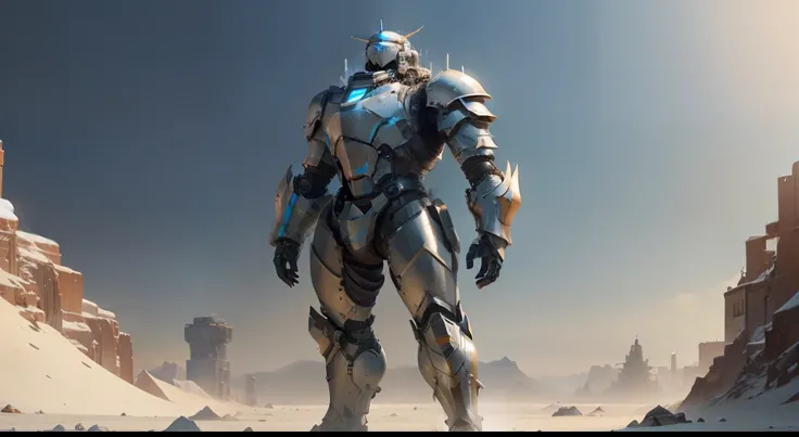 Guardian in heavy mechanical armor , iced , Height 5 meters , A man is standing next to him, holding on to the body of the armor; , There is an icy desert around