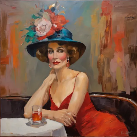 Wide angle view, Oil on canvas by Claude Monet style, a beautiful woman from the 1920s, she is elegant, she has a red dress on and a lovely hat, she has brown hair, blue eyes, she is in a 1920s Paris bar, she is sitting at the bar in a chair, its a majesti...