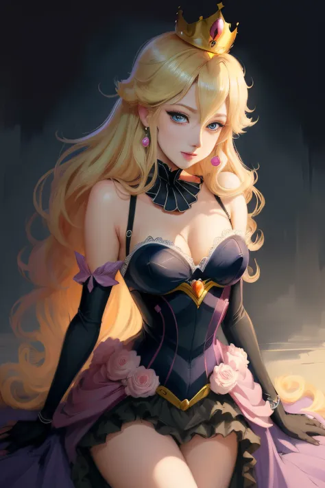 princess peach, blue eyes, sexy pink and black dress, thin, classy, black background, slick, cleavage, crown, laced bra, blonde, alluring, seductive, (2d cute anime:1.3), Vixip, pastel background, design by Yusuke Kozaki, oil by Gregory Manchess; stunningl...