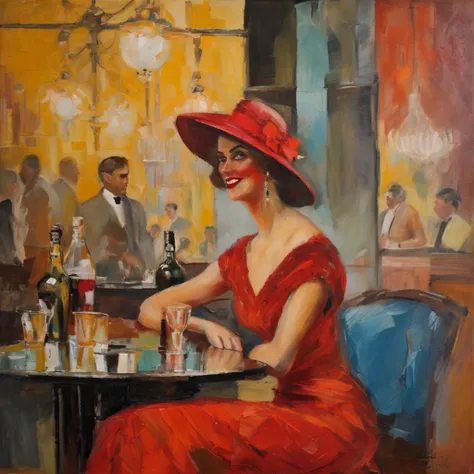 Wide angle view, Oil on canvas by Claude Monet style, a beautiful woman from the 1920s, she is elegant, she has a red dress on and a lovely hat, she has brown hair, blue eyes, she is in a 1920s Paris bar, she is sitting at the bar in a chair, its a majesti...