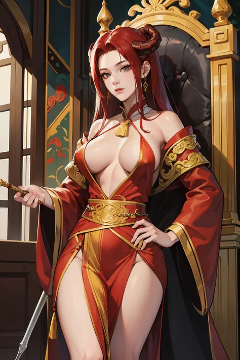 NSFW, obra-prima, melhor qualidade, ultra-detalhado, semi-realista, detailedfacialfeatures,12 mulheres,,usando roupa antiga chinesa hunfa wuxia, long red hair up to the waist,olhos escuros sedutores, voluptuous female, grandes seios,large dragon horns, rou...