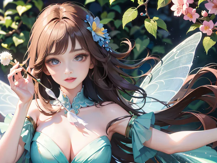 (Masterpiece), (best picture quality), 8K, high detail, super detail, a beautiful and magical flower fairy with delicate features, she holds a wand in her hand, is performing magic, radiates a soft and brilliant light, symbolizing her love of magic and her...