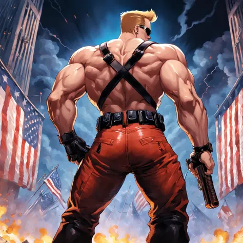 duke nukem from back, american flag background