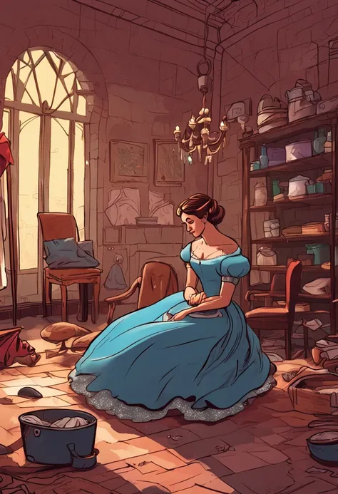 Crie uma cena do dia a dia de Cinderela, showing her washing clothes and sweeping the floor.
Show the half-sisters relaxing in chairs while Cinderella works, highlighting injustice.