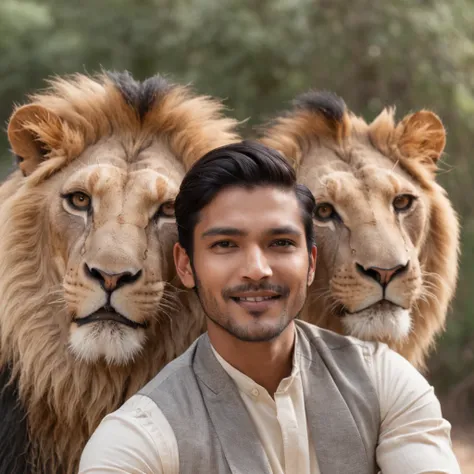 handsome indian skincare blogger, flawless radiant skin, glowing skin, handsome smile taking selfie with a pack of angry lions, in the wilderness, go pro 4 camera angle