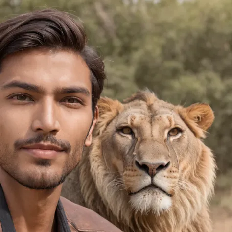 handsome indian skincare blogger, flawless radiant skin, glowing skin, handsome smile taking selfie with a pack of angry lions, in the wilderness, go pro 4 camera angle