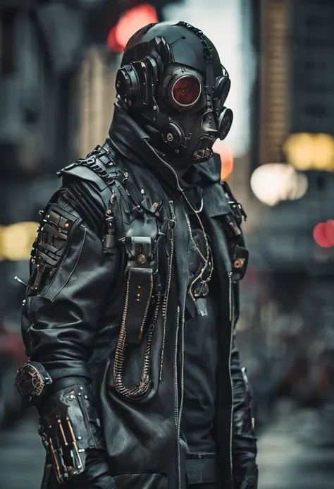 melhor qualidade, master part, ultrahigh-resolution, (fotografia realista:1.4), Surrealismo, A closeup of a man in a black hat and trench coat, fashionable cyberpunk mechanoid, intrincada armadura cyberpunk, hard surface character pinterest, terno cyberpun...