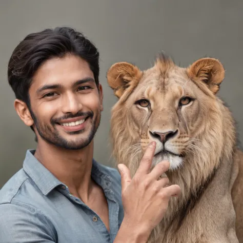 handsome indian skincare blogger, flawless radiant skin, glowing skin, handsome smile taking selfie, with a lion with its jaws open about to eat him in the background