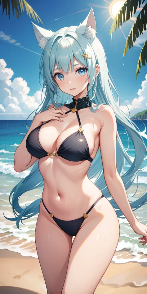 1girll, with light glowing, side-lighting, Wallpapers,Extremely high image quality，Ultra-clear resolution，Tight swimsuit，Beach by the sea，Sunset，mediuml breasts，Sexy belly，Delicate hands，dual horsetail，cat ear，Confused eyes，Azure hair