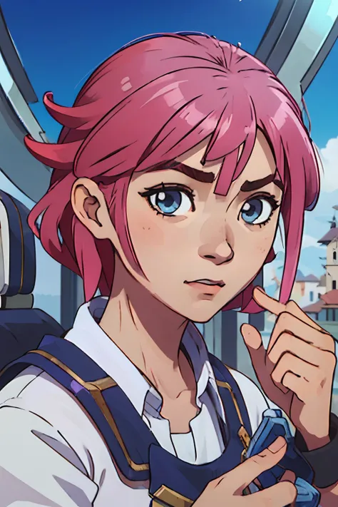 (melhor qualidade: 0.8), (melhor qualidade: 0.8), Perfect anime illustration, retrato de close-up extremo de uma mulher bonita, cabelo longo rosa, olhos azuis, andando pela cidade