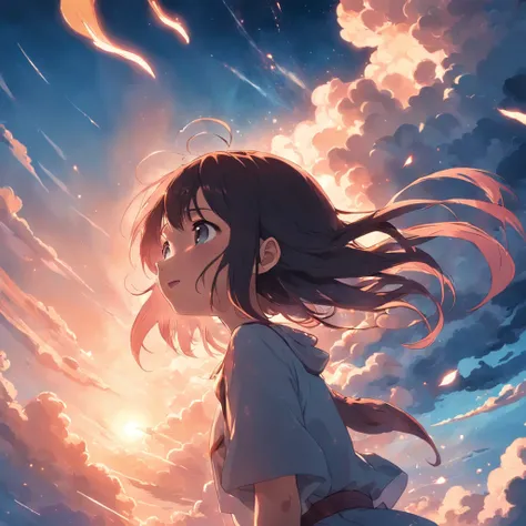 masterpiece, best quality, movie still, 1girl, cloud girl, floating in the sky, close-up, bright, happy, warm soft lighting, sunset, (sparks:0.7)