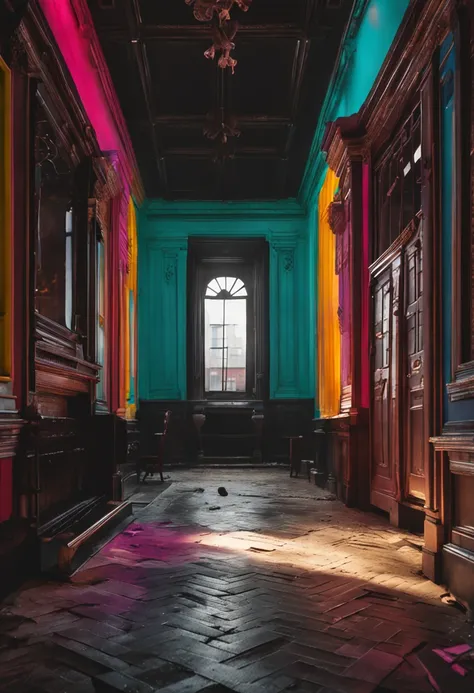 Make a realistic picture of a school painted black inside a forest