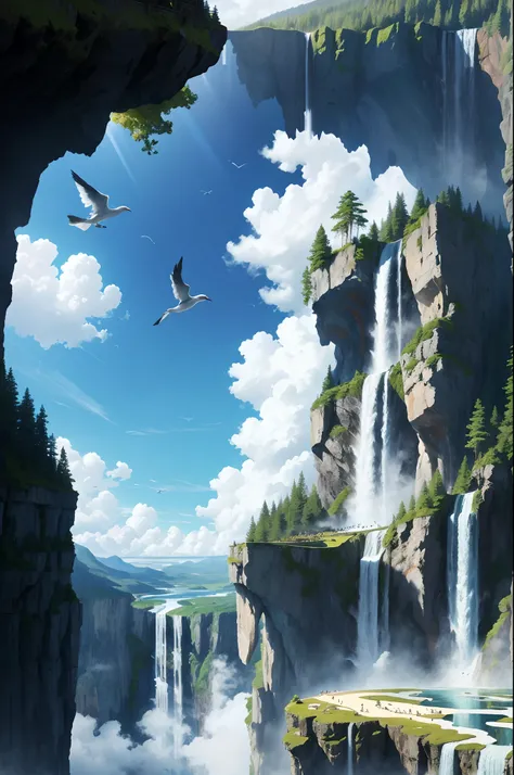 Flying on the cliff, above the very high waterfall, look down on the fluctuating pond, high sunlight, blue sky, white cloud, birds, forest, trees, 8K, masterpiece, best quality, high resolution, extremely full detailed