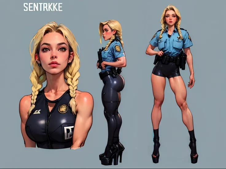 ((masterpiece)),(((best quality))),((character design sheet)), illustration,1woman, environment Scene change, (long braided hair:1.4),((cyberpunk police officer:1.5)), muscular, black legs, thick legs, (pale skin:1.3)scribbles and marks, light blue shirt, ...